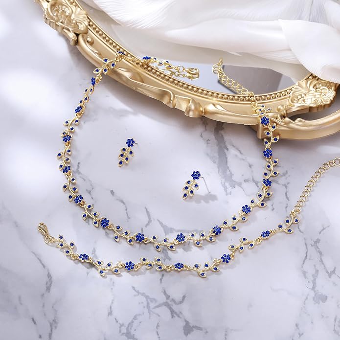 BriLove Wedding Jewelry Set for Women Bride, Gorgeous Stunning Crystal Flower Leaf Cluster Choker Necklace Link Bracelet Stud Earrings Bridal Bridesmaid