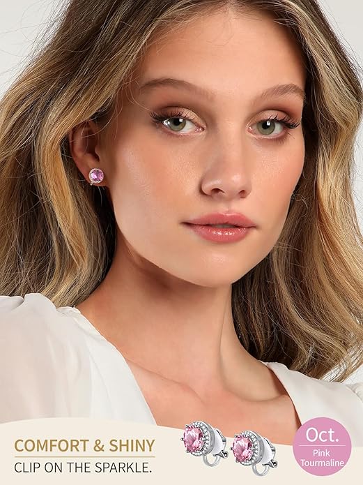 FindChic Sparkling Birthstone Clip On Earrings for Women, Silver Plated Stud Earrings 8MM Cubic Zirconia Non Pierced Studs, 12 Months Birthday Jewelry Gift