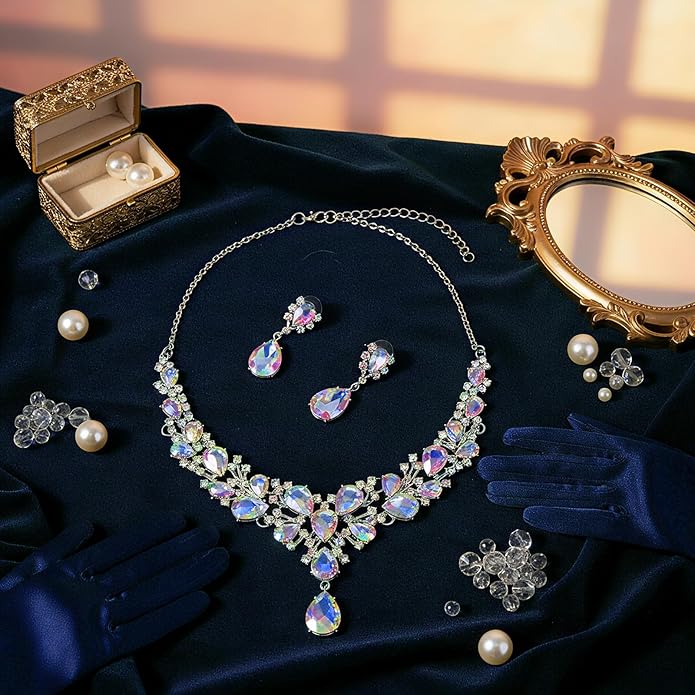 Hicarer Bridal Teardrop Cluster Crystal Jewelry Set for Women Necklace Earrings Wedding