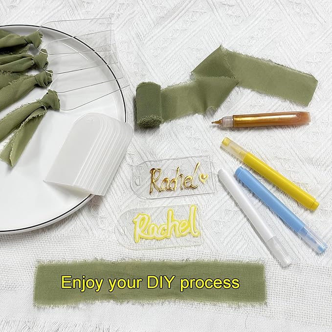10Pcs Acrylic Place Card for Wedding Clear Transparent Acrylic DIY Table Seating Cards Wedding Supplies with Blue Ribbon
