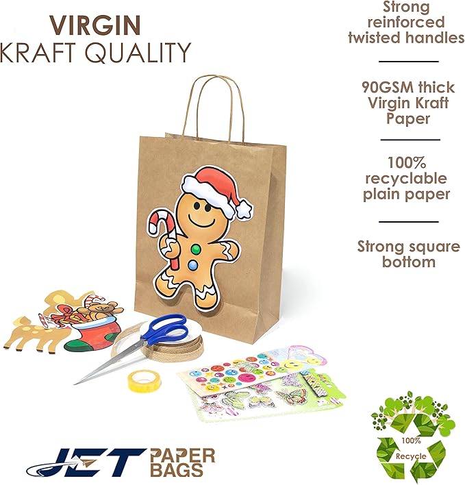 JET PAPER BAGS - 8”x4”x9” Inch [100 Pcs] Brown Paper Bags with Handles Prime for Takeout, Grocery, Goody, Retail, Party, Gifts, Weddings - Recyclable Kraft Paper Gift Bags with Handles
