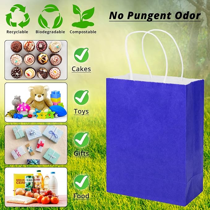 100 Pack 5.9x3.15x8.26 inch Small Gift Bags, Kraft Blue Bags with Handles Bulk for Birthday Party Favors,Gift Paper Bags,Retail Shopping Business Goody Craft Gift Bags