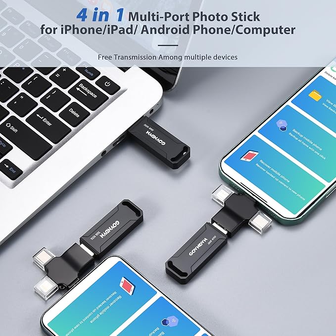 Auto Backup All Devices Photo Stick 128GB Real Capacity, iPhone USB Flash Drive & Backup Storage Memory Stick for Photos, Videos & Contacts, 4-in-1 Thumb Drive for iPhone, iPad, Android, PC, Tablets