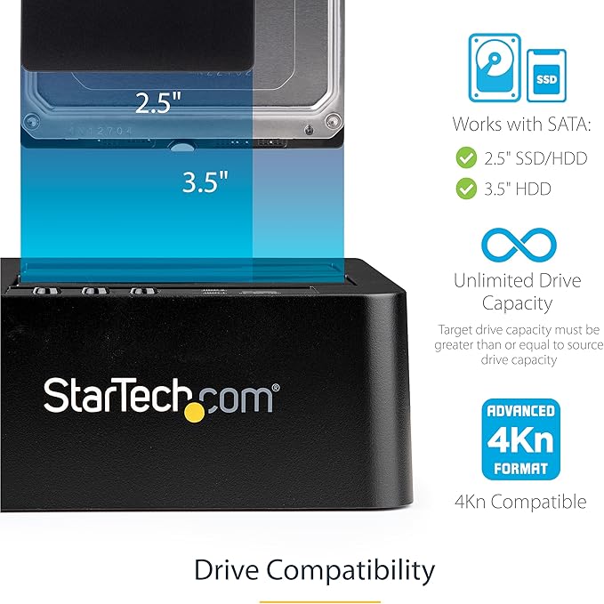StarTech.com Standalone Hard Drive Duplicator, External Dual Bay HDD/SSD Cloner/Copier, USB to SATA III Docking Station