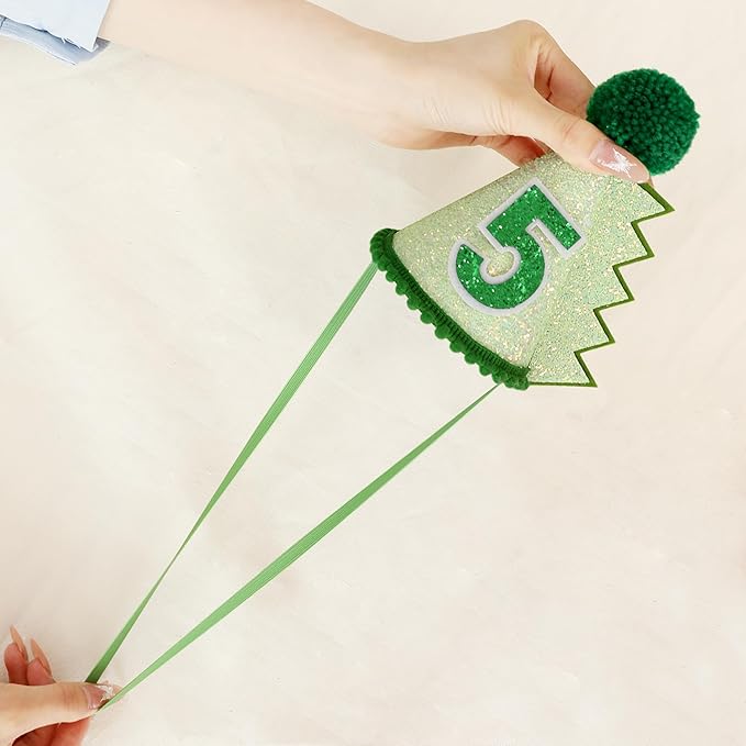 Green Glitter Dinosaur Birthday Cone Hat for 1-5 Years Old Kids Boys Dino Dinousour Birthday Hat Party Decoration