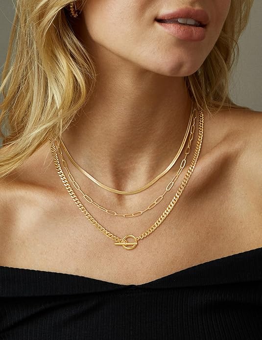 CHESKY Layered Necklaces for Women, 14K Gold Plated Chain Necklace Women Trendy Cuban Link Paperclip Chain Toggle Clasp Necklace Fashion Chunky Jewelry for Women