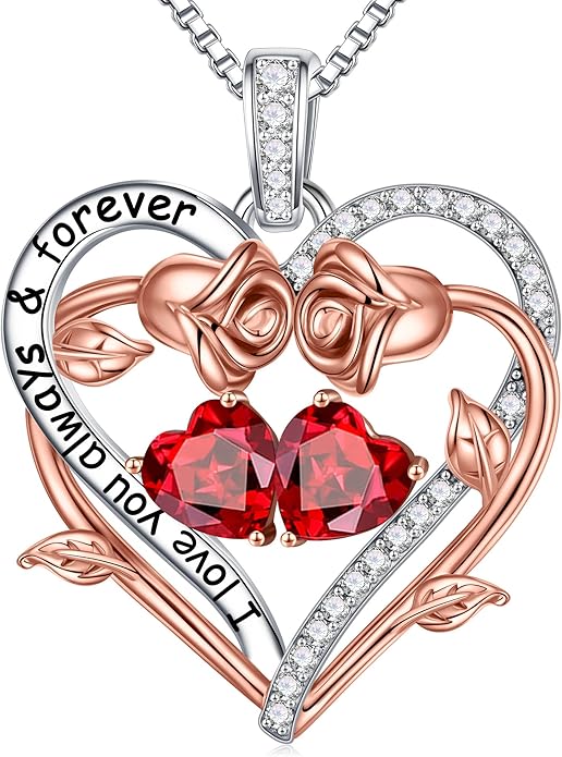 Iefil Valentines Gifts for Her Wife Women - Rose Heart Double Birthstone Necklace Gift for Wife Girlfriend Her Women, Birthstone Jewelry Gemstone Birthday Gifts for Mom Grandma Her