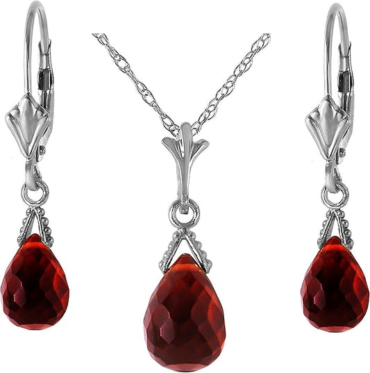Galaxy Gold GG 14k Solid Gold Jewelry Set: Natural Briolette Garnet Pendant Necklace and Dangle Earrings