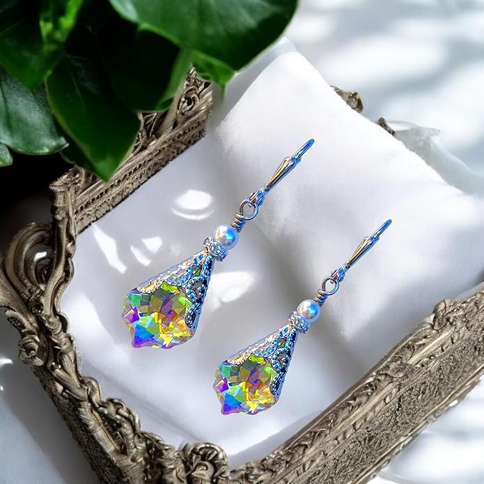 Antique Inspired Vintage Victorian Dangle Drop Earrings for Women - Colored Austrian Crystal Leverback Earrings - Jewelry Gift for Her