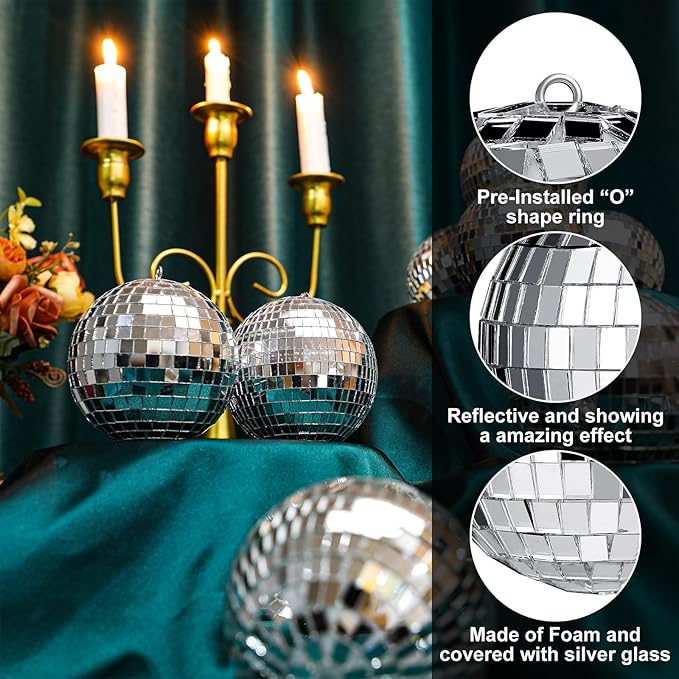 MTLEE 20 Pcs Disco Balls Decoration Mirror Disco Ball Assorted Silver Mini Glass Different Sizes Reflective with Rope for 70s Wedding Dance Music(4 Inch)