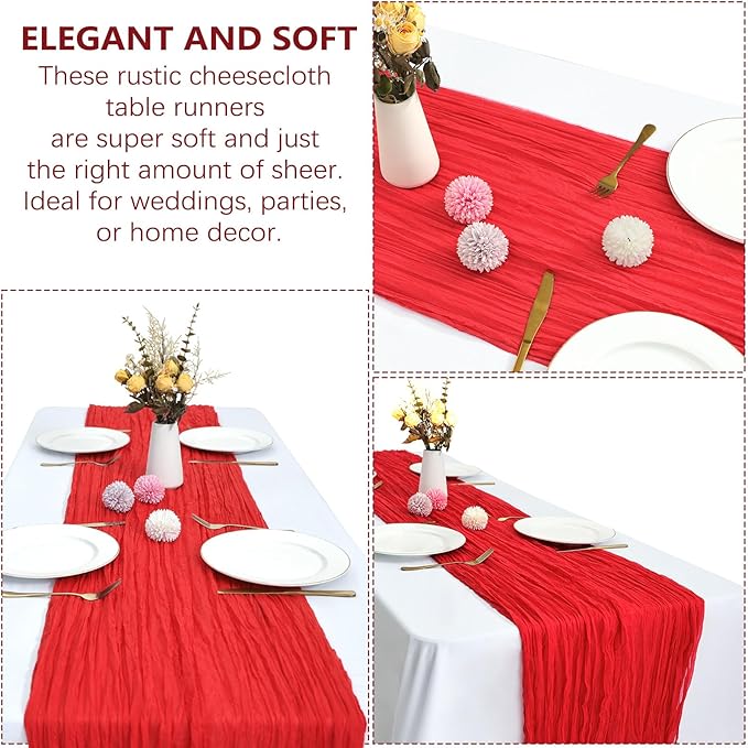 12 Pack Christmas Table Runner Red Cheesecloth Table Runner 10FT Boho Gauze Fabric 35 x 120 Inch Rustic Sheer Runner for Centerpiece Wedding Decor Baby Shower Party Holiday Decoration