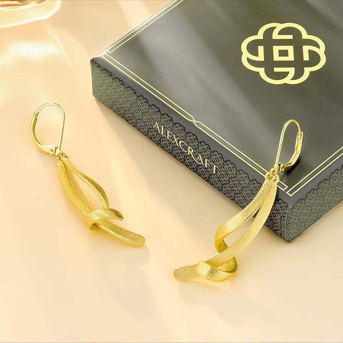 ALEXCRAFT 925 Sterling Silver Dangle Earrings, Hypoallergenic 14k Gold Plated Long Double Linear Twisted Tassel Dangling Drop Earrings for Women Trendy Statement Elegant Lightweight Leverback Earring