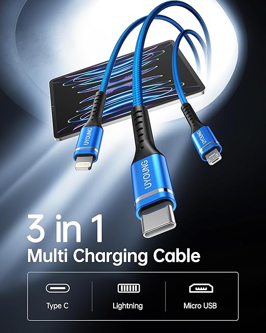 Multi Charging Cable 2Pack 6FT, 3 in 1 Charger Cable Braided Universal Phone Charging Cord with Lightning/Type C/Micro USB Ends, Multiple USB Cable for iPhone/Samsung/Google Cell Phones and More
