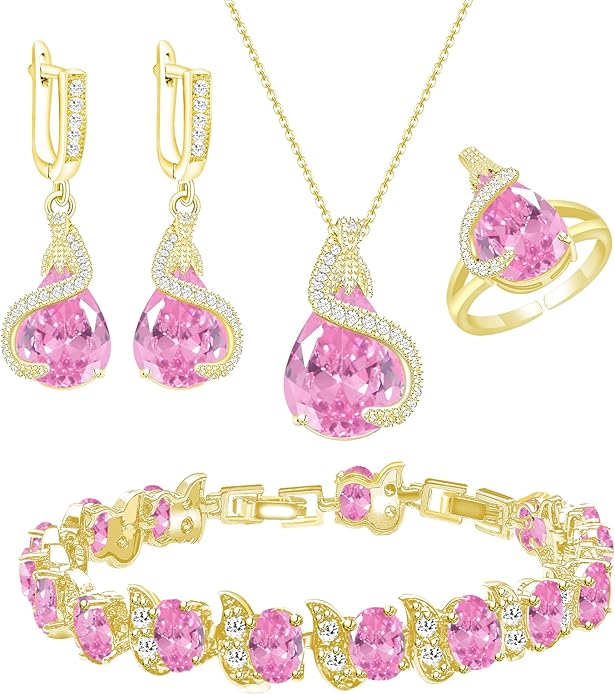 GZWHD Jewelry Set for Women Water Drop Cubic Zirconia Artificial Crystal Earrings Pendant Necklace Open Ring Tennis Bracelet Wedding Anniversary Birthday Engagement Gift for Bridesmaid Wife Girlfriend Friend
