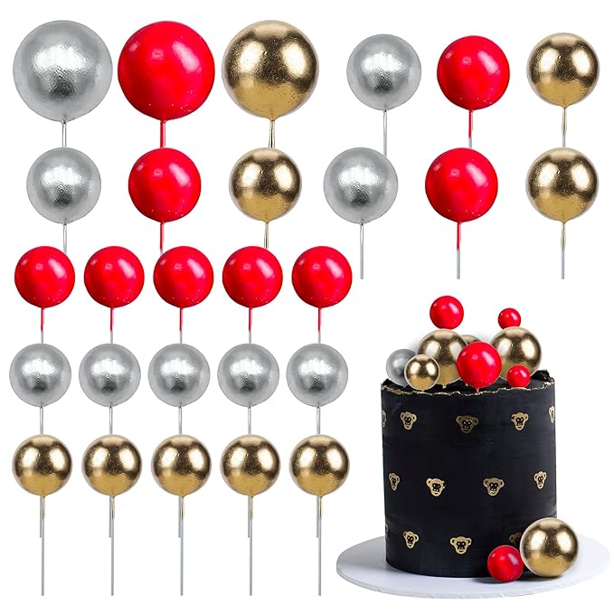 Gyufise 30Pcs Christmas Mini Balloon Cake Topper Foam Ball Cake Picks Cupcake Faux Pearl Balls DIY Cake Insert Topper Decoration for Anniversary Graduation Birthday Party Baby Shower Red Gold Silver
