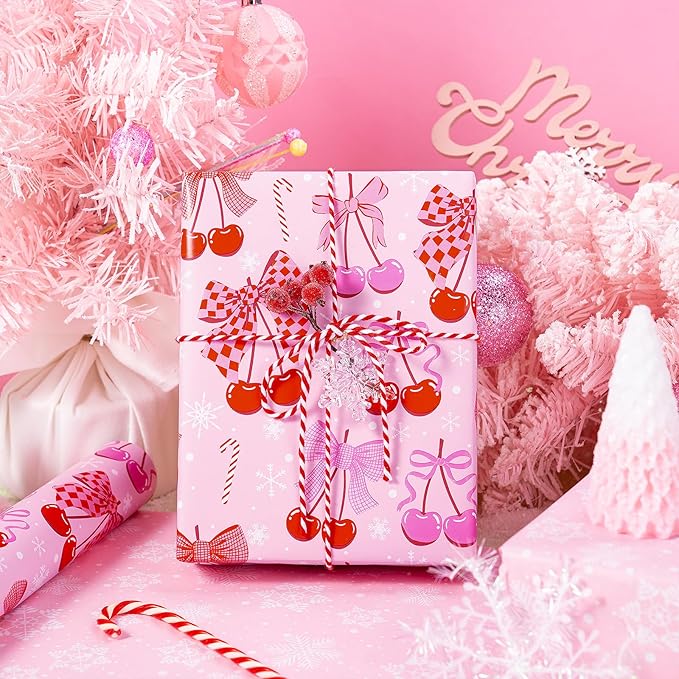 RUSPEPA 30" X 32.8' Reversible Christmas Bow Wrapping Large Paper Roll, Jumbo Roll, Pink Romantic Cherry Bow and Candy Cane Design, White Snowflake Gift Wrap Paper for Girls, Women, Kids, Holiday Gift
