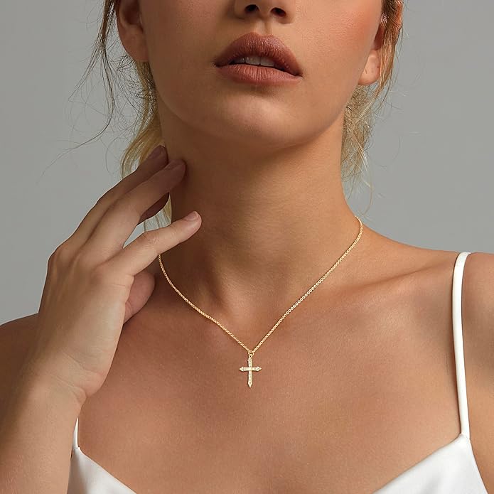 Zeffy Cross Necklace for Women,18K Gold/Silver Plated Tiny Cubic Zirconia Cross Pendant Necklace for Women Simple Layered Cross Necklaces for Women