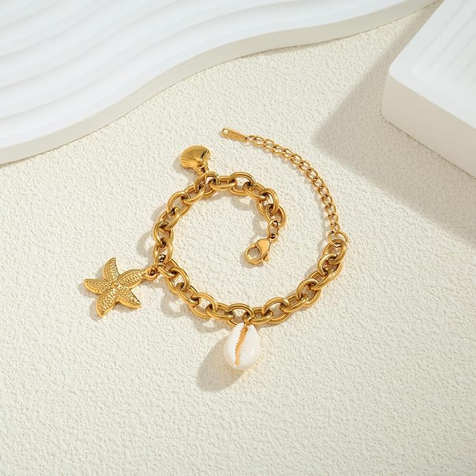 Gold Charm Bracelet for Women Boho Adjustable Shell Starfish Bracelet Summer Beach Ocean Statement Bracelets