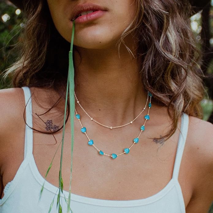 Created Turquoise Necklace for Women 14K Gold Plated Beaded Heart Choker Boho Necklaces Handmade Beach Summer Everyday Western Jewelry Gifts