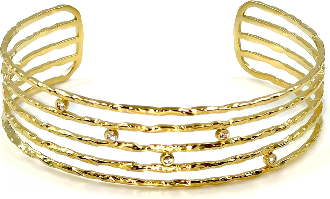 14K Gold Plated Textured Cuff Bracelet for Women - Modern Multi-Band Stainless Steel with Preciosa Crystals