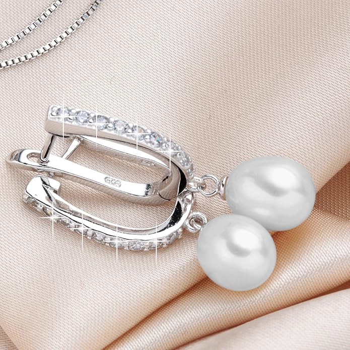 Pearl Jewelry Set For Women with Cubic Zirconia Freshwater Pearl Pendant Necklace & Earrings 925 Sterling Silver for Wedding Prom Gift