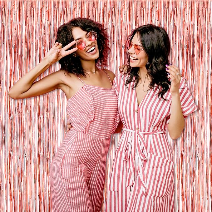 3 Pack Rose Gold Foil Fringe Curtains Backdrop, 3.28 x 8.2 Ft Metallic Streamers Tinsel Curtains Background for Photo Booth, Birthday, Halloween, Christmas, Thanksgiving, New Year Party Decorations