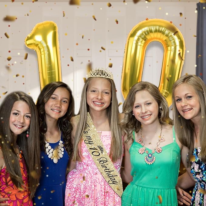 10th Birthday Decorations for Girls Gold with10th Birthday Sash and Tiara, Cake Topper andCandles, Number Balloons, 10 Year Old Gifts for Girls