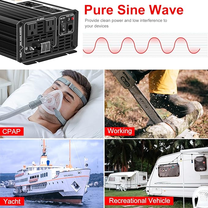 Xijia 2000W Pure sine Wave Power Inverter (Peak Power 4000W) dc 12v to 110v/120V ac 60HZ LCD-Display Bluetooth Remote Control,2 AC Outlets for RV, Camping, Boat,Outdoor