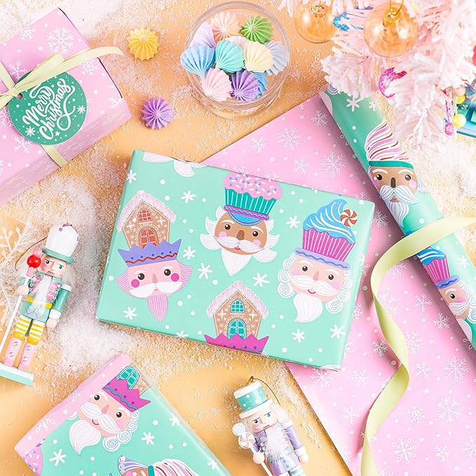 RUSPEPA Christmas Reversible Wrapping Paper Roll for Kids Girls, Mini Roll, Cute Santa Claus with Sweet Treats Design and Pink Snowflake for Holiday Gifts and Christmas Party, 17 Inches X 16.4 Feet