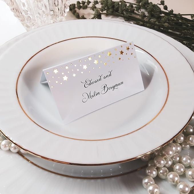 CLEVER SIGNS 100 Pack Gold Place Cards for Wedding Party Reception, 2" X 3.5, Double Design, Gold Foil Stars and Line, Scored for Easy Folding, Place Cards for Table Setting