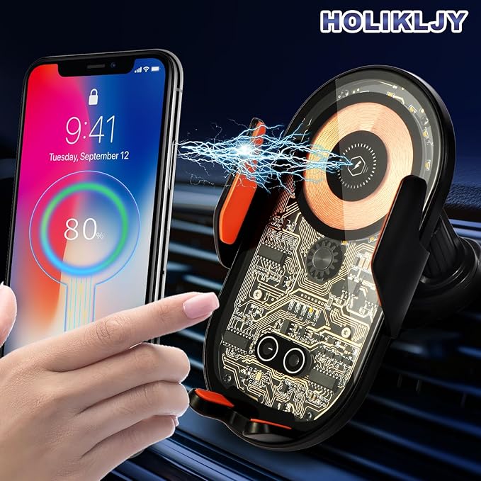 Car Phone Holder, Wireless Car Charger Air Vent Auto-Clamp Cell Phone Car Mount with Metal Hook Clip, 360° Rotation - One Button Release for iPhone, Samsung, Google, and All Other Smartphones