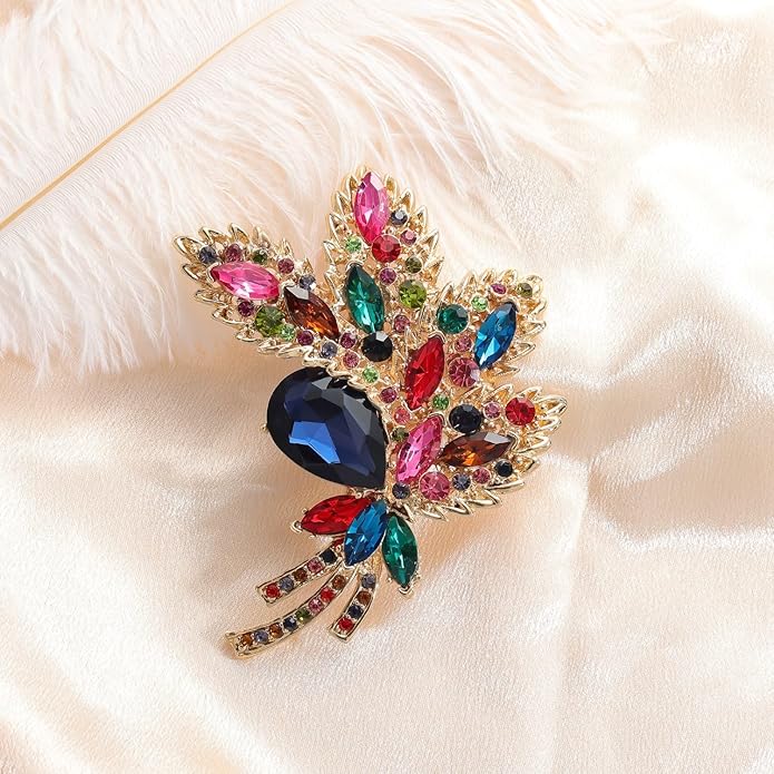 YOQUCOL Big Large Brooch Pin Austrian Crystal Leaf Shape Bouquet Rhinestone Scarf Decoration Wreath Cloth Brooches Pins For Women Girls
