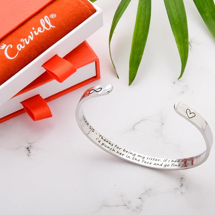 Carviell Engraved Cuff Bracelets for Women – Inspirational, Friendship, Love, Mom, Daughter, Sister, Christian, Graduation, Memorial & Wedding Gifts – 80+ Phrases – Stainless Steel, Gift-Ready