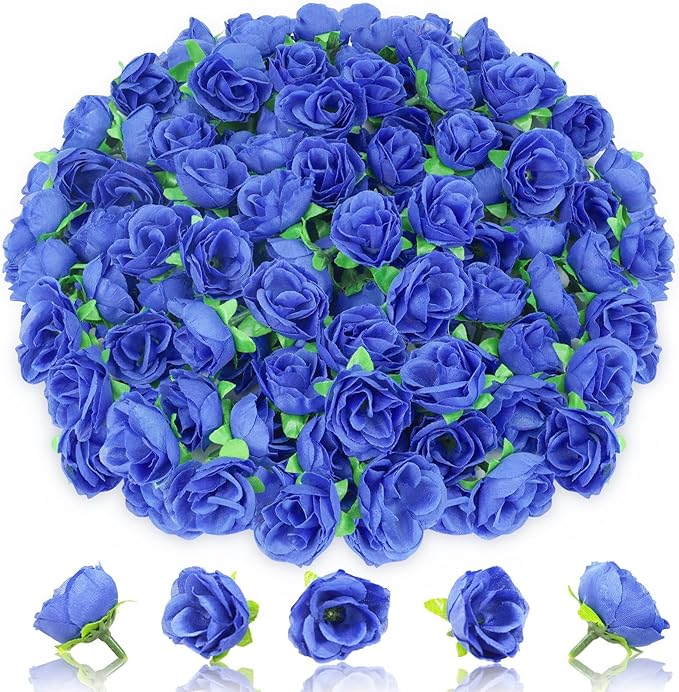 100pcs Blue Roses Flower Bulk Fake Mini Blue Rose Heads Artificial Flower Blue Roses for Crafts Romantic Home Party Decor 1.3 Inch