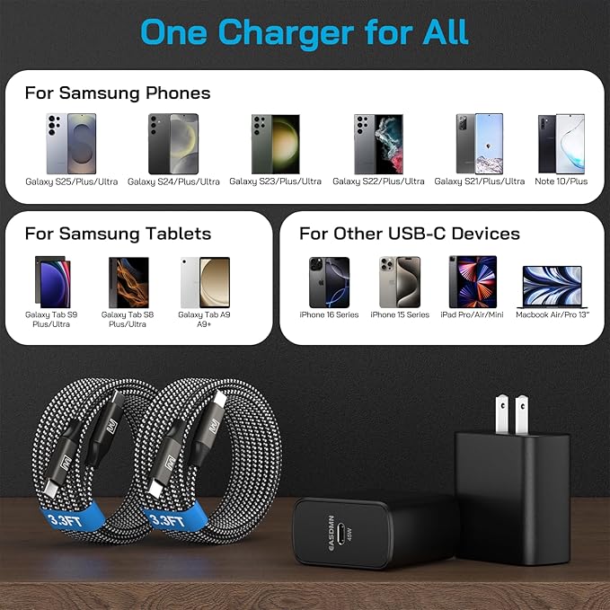 45W Super Fast Charger Type C, [2 Pack] 45 Watt USB-C Charger PD/PPS Wall Charging Block for Samsung Galaxy S25 Ultra/S25+/S25/S24/S23 Ultra/S23+/S22 Ultra/S22+/S20 Ultra, Tab S8(with 2X 3.3ft Cable)