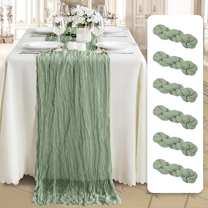 Cheesecloth Table Runner 6 Pack – 35x120 Inch (10ft) Boho Rustic Gauze Cloth Runners – Crinkle Polyester Table Decor for Wedding, Baby Shower, Bridal Shower, Birthday Party and More (Sage Green)