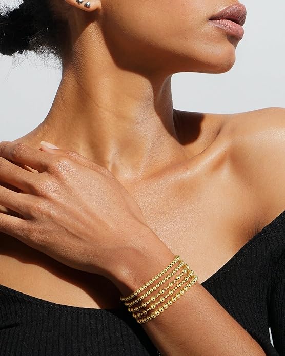 Howoo Gold Bracelets for Women Beaded Initial Bracelet Stack Dainty Heart Stretch Gold Charm Bracelet Jewelry for Women Trendy