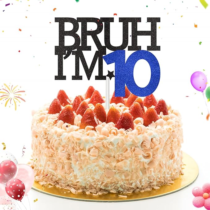 Bruh I'm 10 Cake Topper, Happy 10th Birthday Decorations for Boy, Funny 10th Birthday Cake Topper 10 Year Old Birthday Party Decoration Supplies