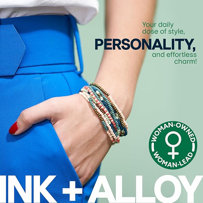 INK + ALLOY 10-Strand Stacking Beaded Bracelets for Women – Mixed Patterns Bracelet Stack - Adjustable Stretch Fit - Handmade Boho Bracelets for Women - Perfect for Any Occasion