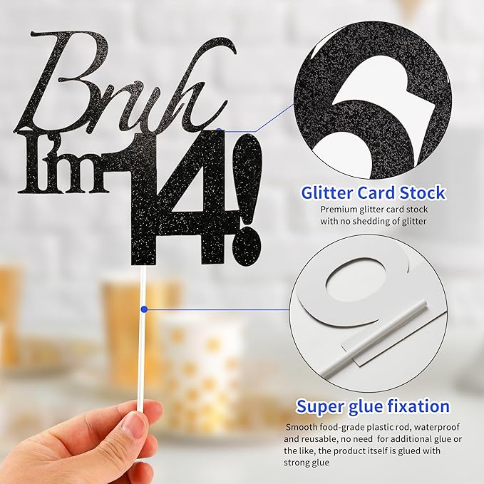 Bruh I'm 14 Cake Topper - Black Glitter Happy 14th Birthday Decorations for Boys Teens, Funny 14 Year Old Party Supplies, Bro I'm 14 Cake Decor (Bruh I'm 14！,14th)