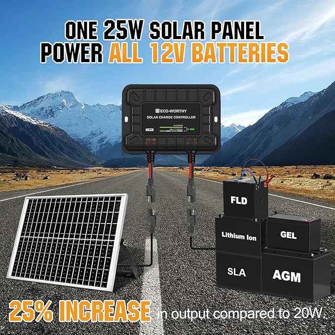 ECO-WORTHY 25W 12V Solar Battery Trickle Charger Maintainer, Waterproof Solar Panel + Adjustable Mount Bracket + Upgrade Charge Controller for 12V Batteries Cars RV Boat Motorcycle Marine