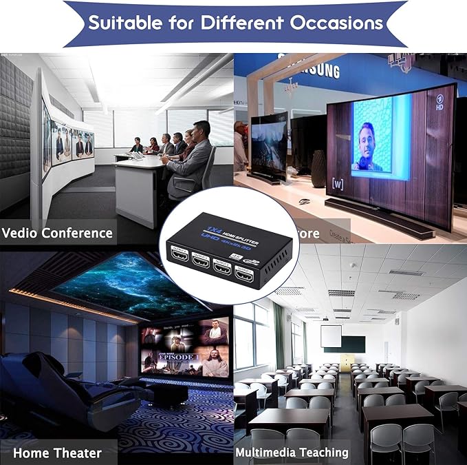 1x4 HDMI Splitter, 1 in 4 Out HDMI Splitter Audio Video Distributor Box Support 3D & 4K x 2K Compatible for HDTV, STB, DVD, PS3, Projector Etc, Duplicate/Mirror Screen Only (Not Extend)
