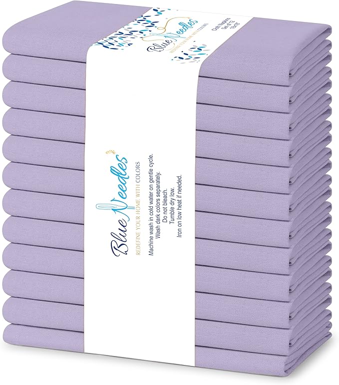 Blue Needles Solid Cloth Napkins Set of 12 Lavender 100% Cotton Dinner Napkins 18x18 inches - Soft, Reusable, Absorbent & Washable Fall Thanksgiving Linen, Ideal for Events, Parties & Everyday Use
