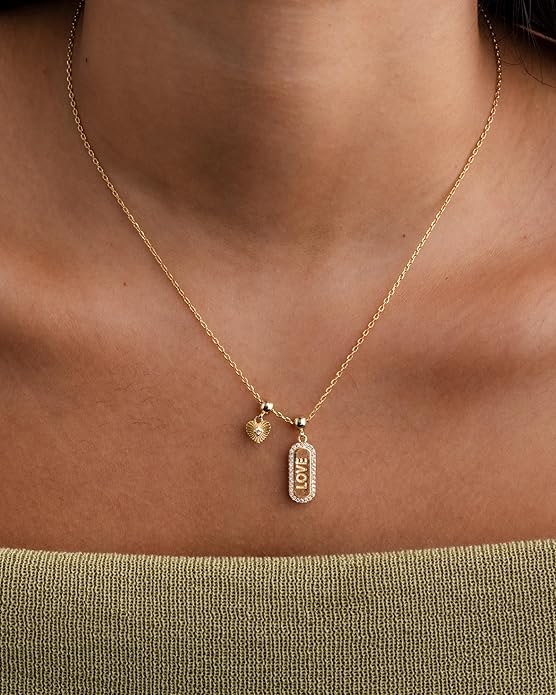PAVOI 14K Gold Plated Dainty Necklace with Charms Set - Hypoallergenic Adjustable Chain Gold Charm Necklace for Women - Small Motif & Mantra 2 and 3-Pack Removable Pendants - Cute Jewelry Gifts