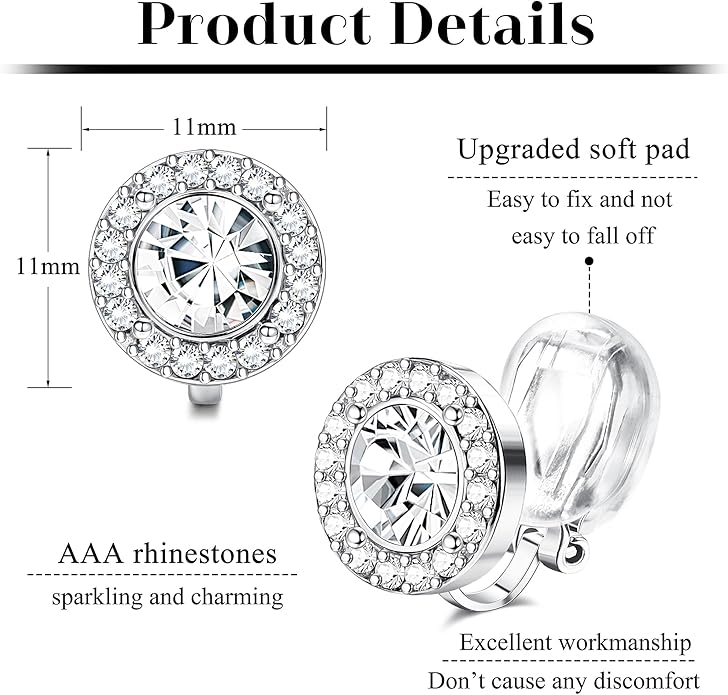 Thunaraz Elegant Clip on Earrings for Women Crystal Wedding Earrings Clip on Rhinestone Dance Competition Stage Opera Performance Earrings Formal Earrings for Brides Bridesmaids Non Pierced Jewelry