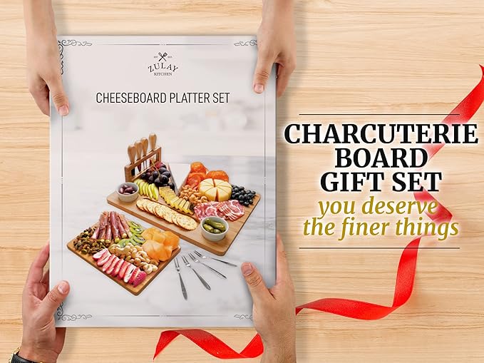 Zulay Kitchen Premium Bamboo Charcuterie Board Set - Extra Thick Bamboo with 4 Piece Knife Set - Perfect for Charcuterie, Wine and Cheese