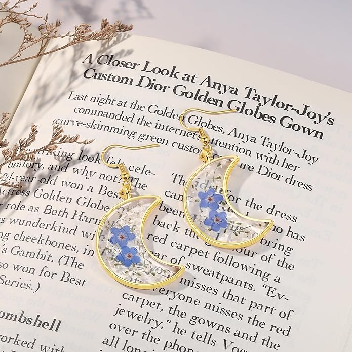 Forget-Me-Not and Queen Anne's Lace Pressed Wildflower Earrings | Pressed Flower Earrings | Handmade Drop and Dangle Earrings | Gift for Woman