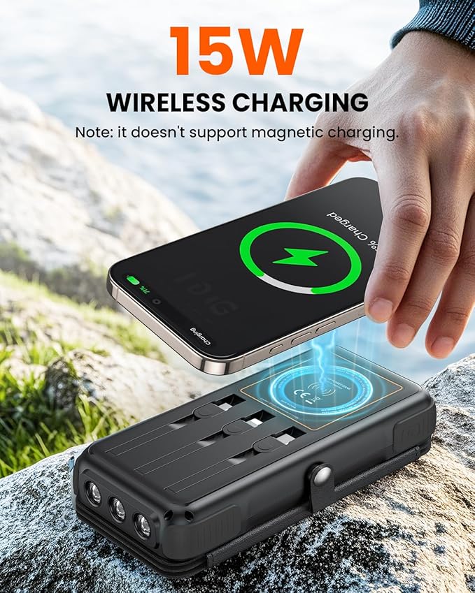 SOARAISE Wireless Solar Power Bank, 25000mAh Solar Charger with Built-in 3 Cables, Dual Outputs, 4 Solar Panels & 3 LED Flashlights, Portable Phone Charger for Outdoor Camping（Black）