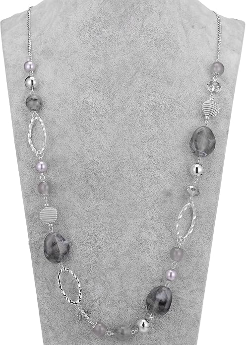 BULINLIN Beaded Long Necklace for Women Silver Sweater Chain Necklace with Crystal Resin Beads, Fashion Jewelry Necklace