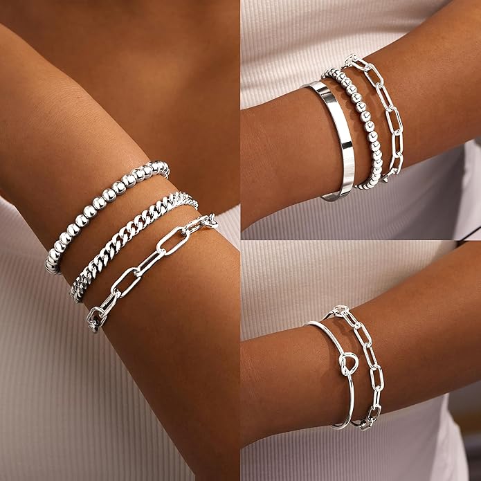 Gold Bracelets Set for Women Non Tarnish, 14K Gold Plated Sterling Silver Chunky Cuff Bracelet Stackable Gold Bangles Bracelet for Women Trendy Fashion Accessories Tie Knot Cuban Rope Paperclip Beaded Bracelet Stack Jewelry Valentines Day Gifts